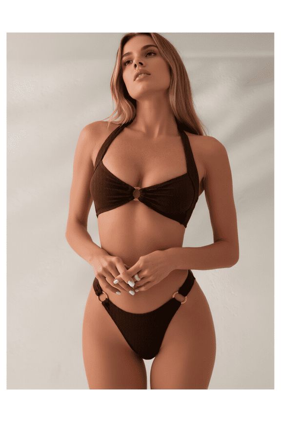 Ribbed Bikini Set for Women - Brown Halter Swimsuit with Gold Ring - High Cut Two Piece Bathing Suit - Summer Beach Pool Swimwear