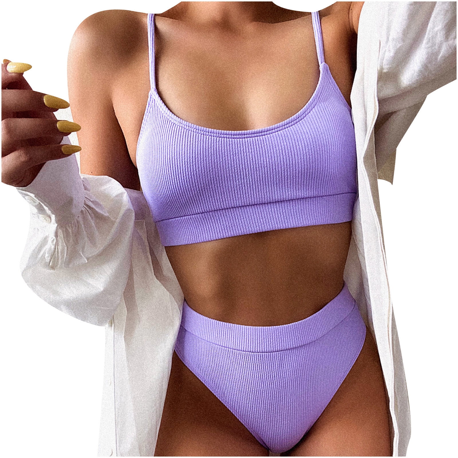 Bikini Women's Set High Waist Tummy Control Ribbed Crop Top Two Piece  Brazilian Push Up Swimsuit *X, B2-purple, S : : Fashion