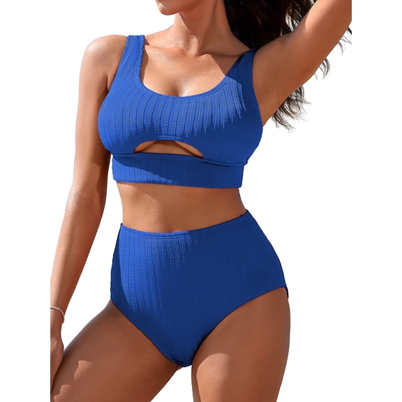 Ribbed Bikini Sets for Womens Tie Back Two Piece Padded Swimsuit High Waisted Cut Out Bath Suit
