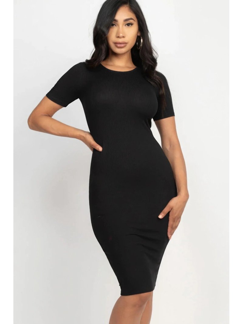 Ribbed Bodycon Midi Dress - Black - Walmart.com
