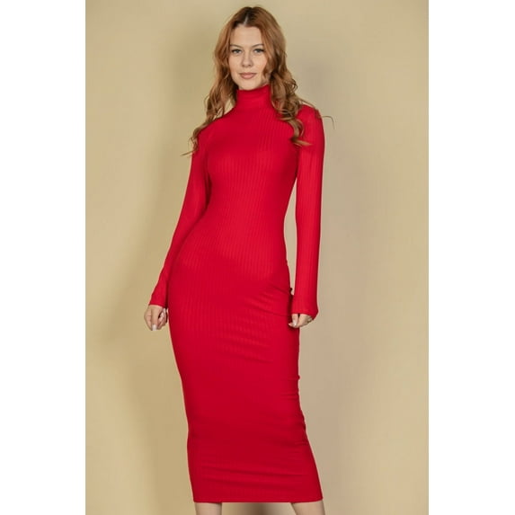 Ribbed Bodycon Midi Dress with Long Sleeves and Mock Neck