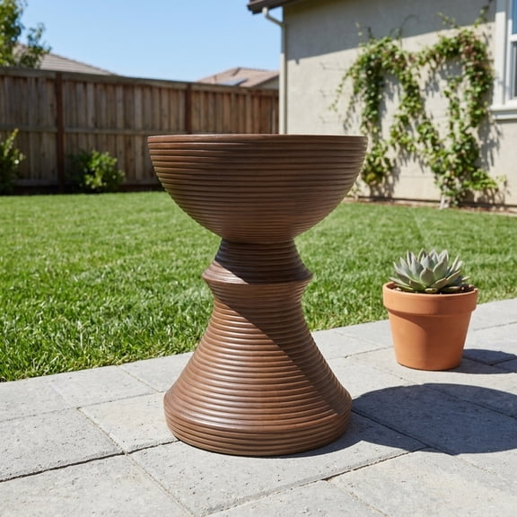 Ribbed Brown Concrete Outdoor Side Table with Hourglass Design