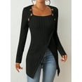 thumbnail image 1 of Ribbed Button Decor Asymmetrical Hem T-Shirt, Casual Long Sleeve Top For Spring & Fall, Women's Clothing, 1 of 7