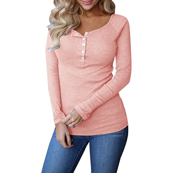 Ribbed Button Down Casual Tops Womens Long Sleeve Henley T-shirts