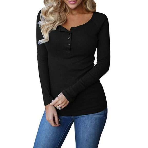 Ribbed Button Down Casual Tops Womens Long Sleeve Henley T-shirts