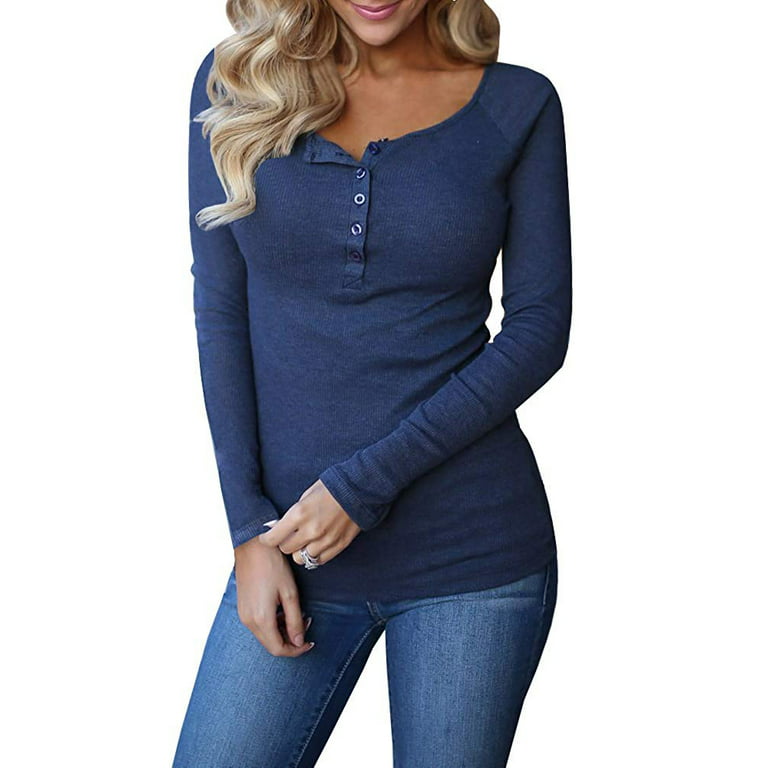 Ribbed Button Down Casual Tops Womens Long Sleeve Henley T-shirts