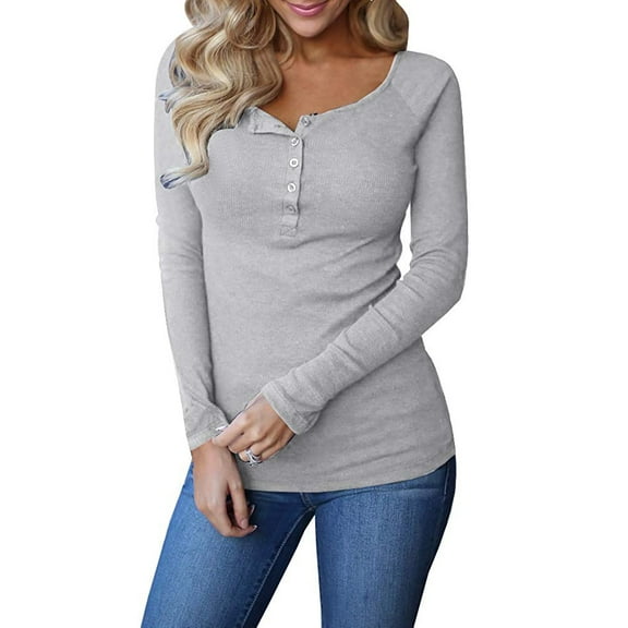 Ribbed Button Down Casual Tops Womens Long Sleeve Henley T-shirts