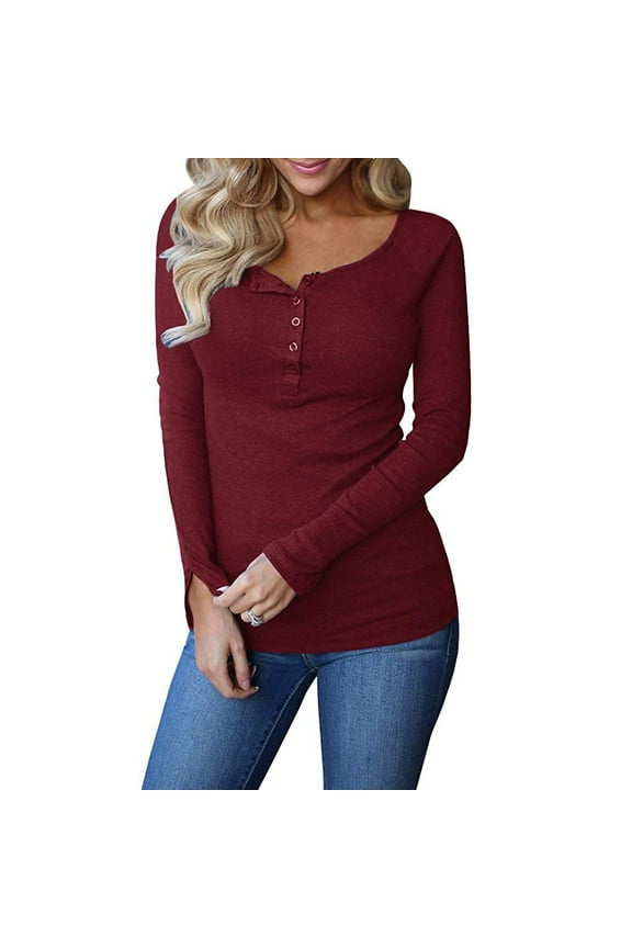 Ribbed Button Down Casual Tops Womens Long Sleeve Henley T-shirts