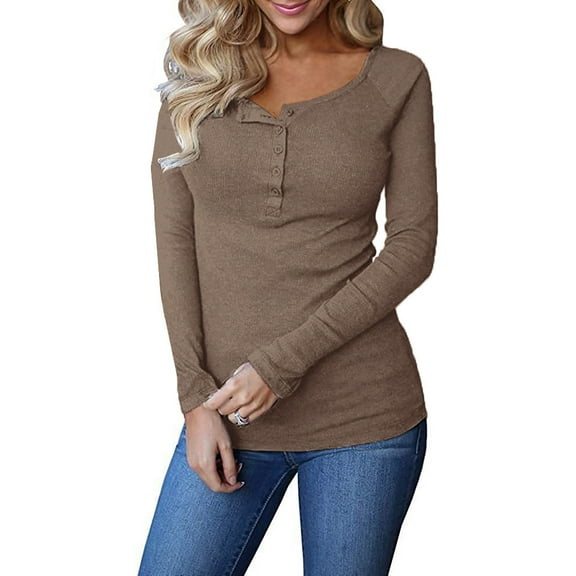 Ribbed Button Down Casual Tops Womens Long Sleeve Henley T-shirts