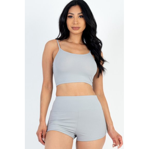 Ribbed Cami Crop Top & Ruched Shorts Set