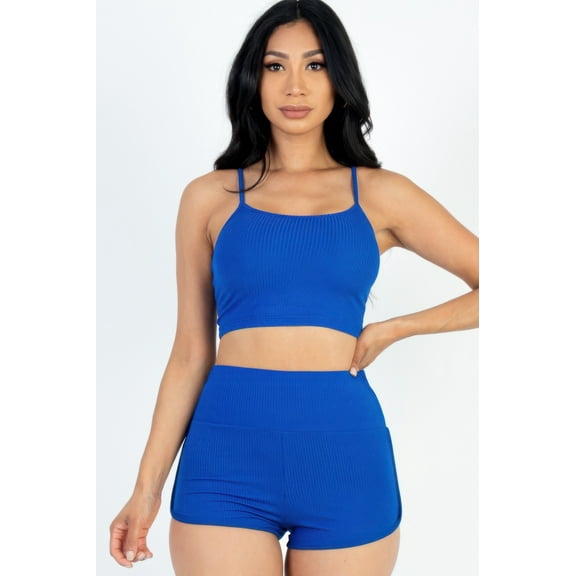 Ribbed Cami Crop Top & Ruched Shorts Set
