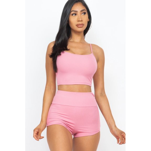Ribbed Cami Crop Top & Ruched Shorts Set