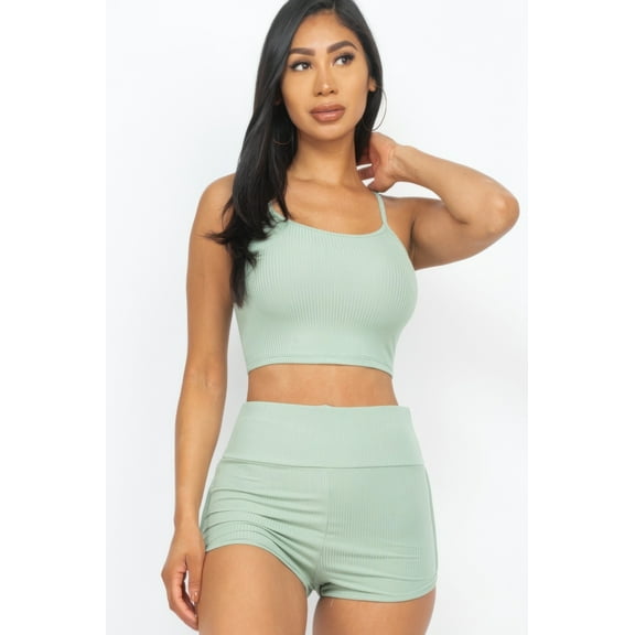 Ribbed Cami Crop Top & Ruched Shorts Set