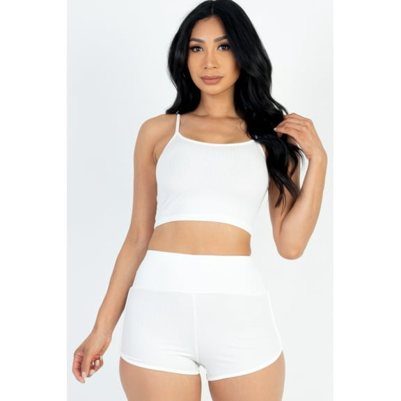 Ribbed Cami Crop Top & Ruched Shorts Set