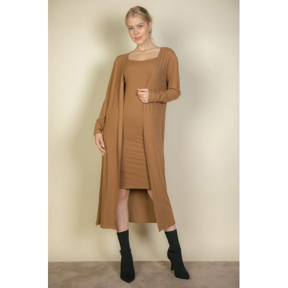 Ribbed Cardigan & Cami Midi Bodycon Dress