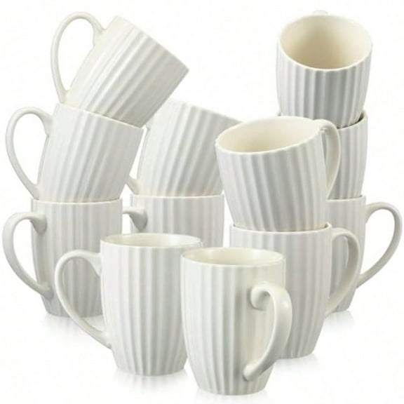 Ribbed Coffee Mugs Set of 12 14 oz Ceramic Coffee Cups with Big Handle Large Modern White Ribbed Design Tea Cup for Latte Cocoa Milk Hot Cocoa Microwave Dishwasher Safe
