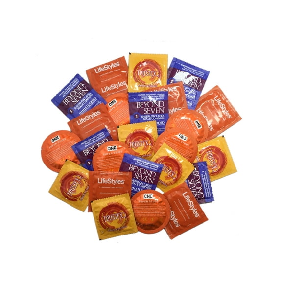Ribbed Condom Sampler + Brass Lunamax Pocket Case, Lubricated Studded Textured Latex Condoms-24 Count