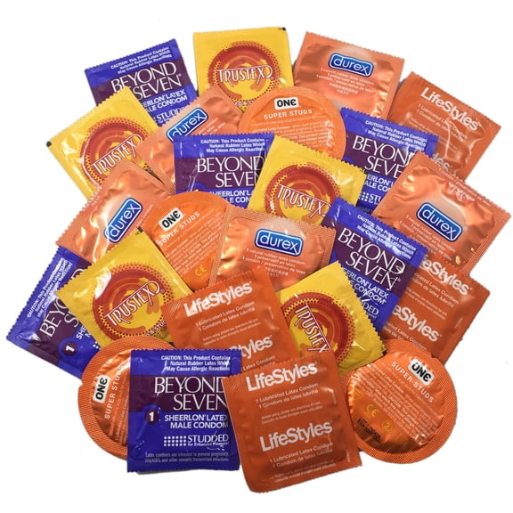 Ribbed Condom Sampler + Silver Lunamax Pocket Case, Lubricated Studded Textured Latex Condoms-12 Count