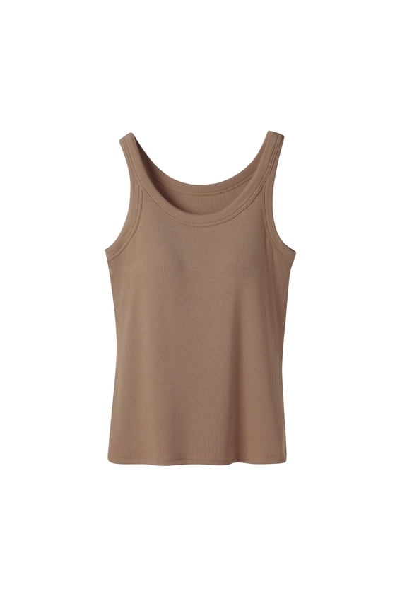 Ribbed Cotton Tank Top with Built in Bra for Women Shelf Bra Camisole Tops Workout Tops Cami Bra Padded Tank Top Sports Bras Light Brown XL