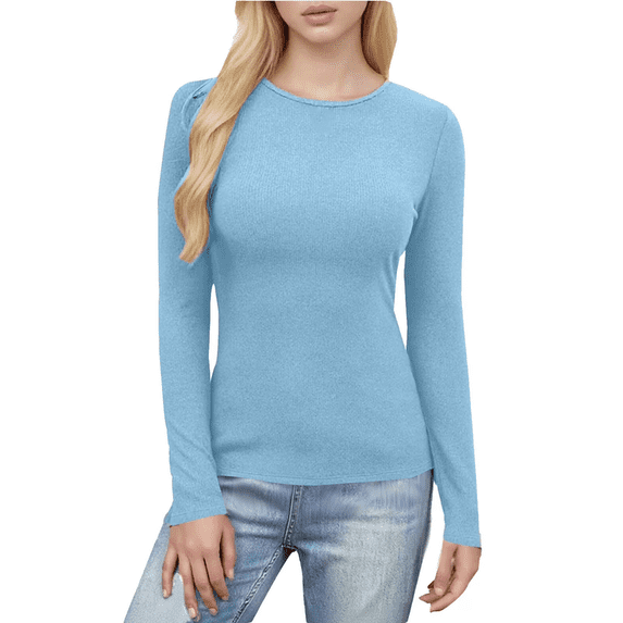 Ribbed Crew Neck Long Sleeve Tops for Women Slim Fit Undershirts Knit Basic Casual Stretch Tees Shirts