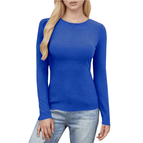 Ribbed Crew Neck Long Sleeve Tops for Women Slim Fit Undershirts Knit Basic Casual Stretch Tees Shirts