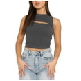 thumbnail image 1 of Ribbed Crop Tank Tops for Women Crew High Neck Sleeveless Cutout Hollow Out Slim Solid Trendy Shirts Girls Streetwear Gray L, 1 of 7