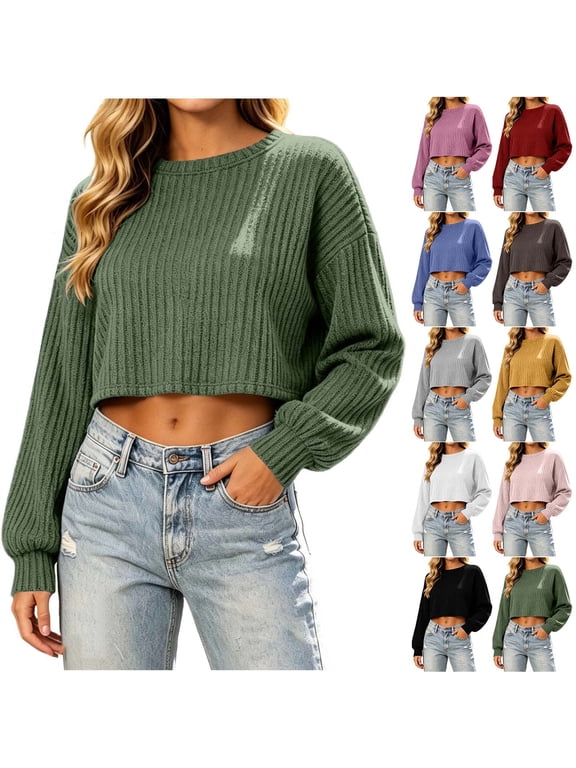 Ribbed Crop Tops for Women Spring Fall Trendy Crewneck Sweatshirt Light Casual Loose Fit Pullovers (XL, Green)