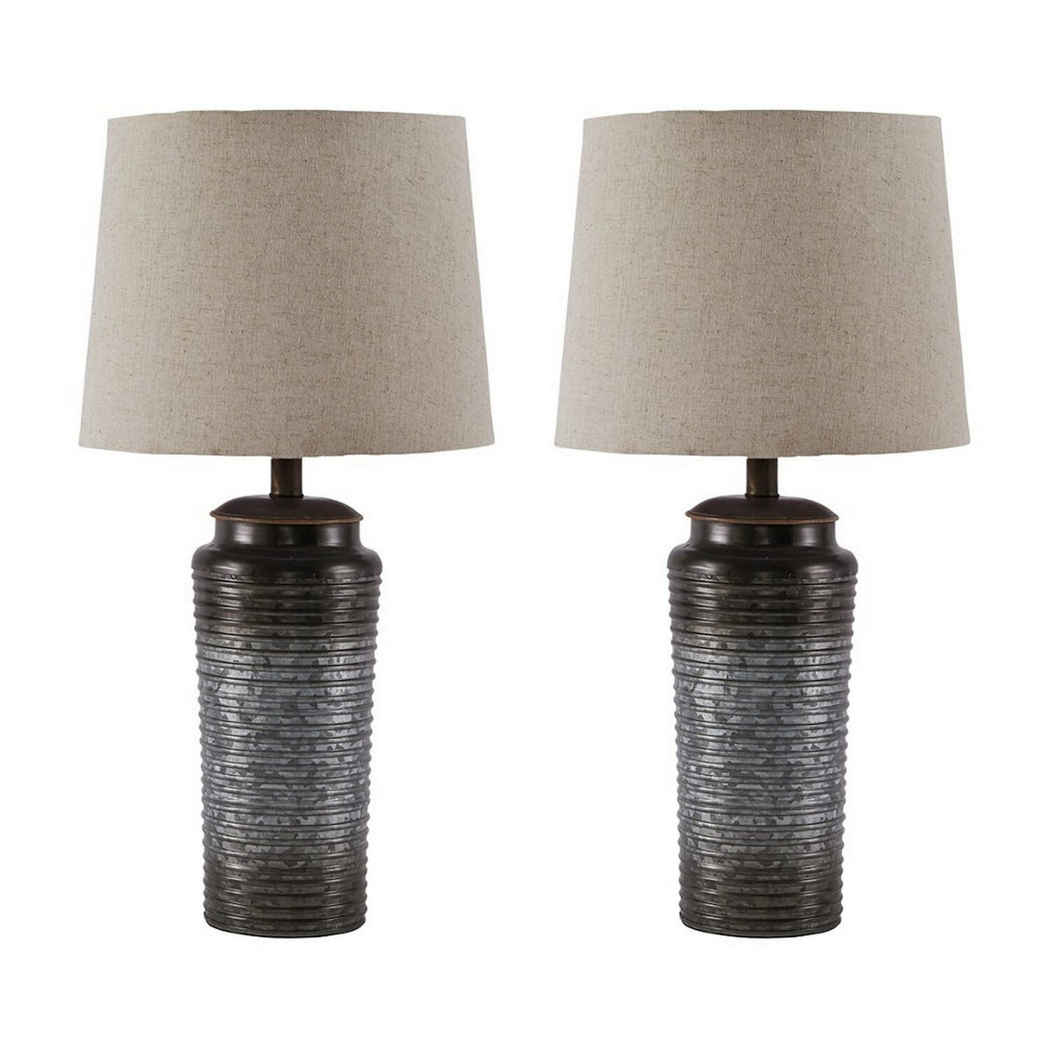 Norbert Ribbed Gray Metal Table Lamp Set with Fabric Shade
