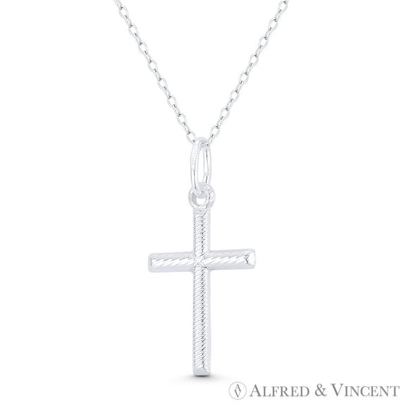 Ribbed-Detail Latin Crucifix Christian Catholic Cross Pendant in .925 Sterling Silver