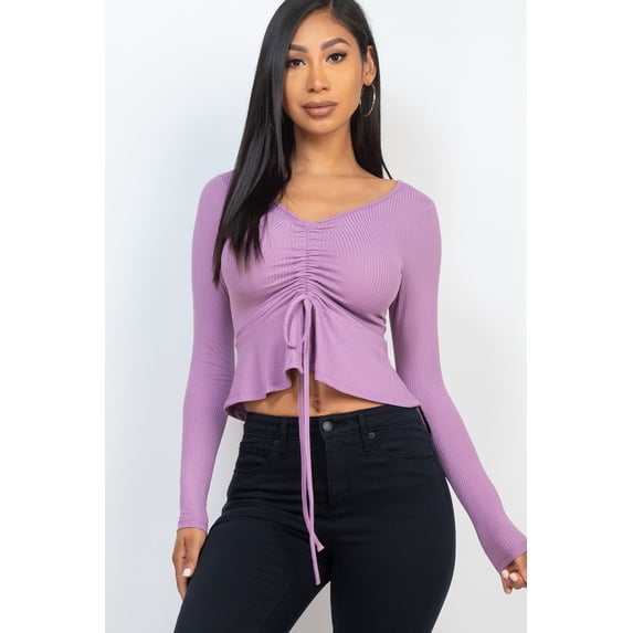 Ribbed Drawstring Front Long Sleeve Peplum Top Orchid' S