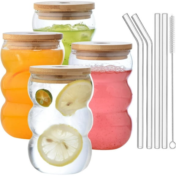 16 oz Drinking Glasses with Lids and Straws Set of 4, 16 oz Wave Shape Bubble Glass Cups, Iced Coffee Glasses for Beer, Cocktail, Water Cups with Brush