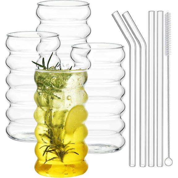 Ribbed Drinking Glass Cups with Straws Set of 4, 16 oz Aesthetic Iced Coffee Glasses, Wave Bubble Tumbler, Ripple Glassware, Beer Glasses for Coctail, Milk, Soda, Gift with Brush
