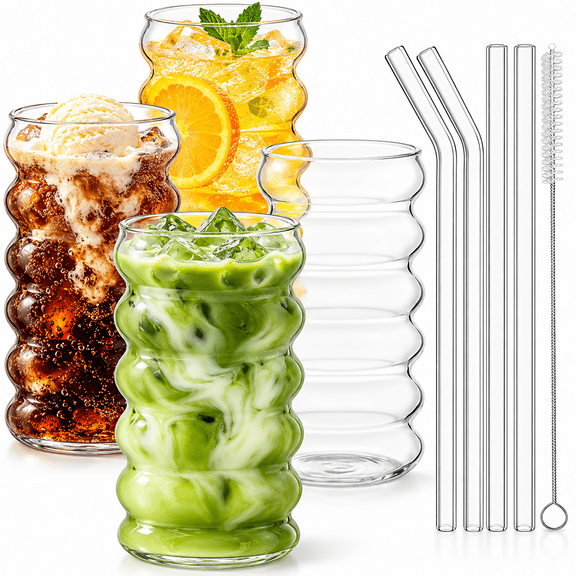 Ribbed Drinking Glass Cups with Straws Set of 4, 16 oz Aesthetic Iced Coffee Glasses, Wave Bubble Tumbler, Ripple Glassware, Beer Glasses for Coctail, Milk, Soda, Gift with Brush