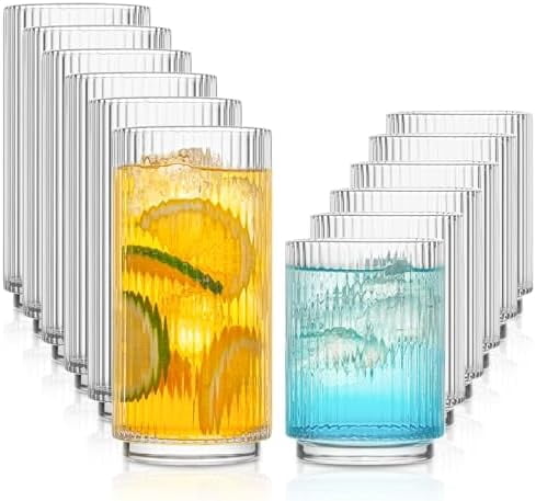 Ribbed Drinking Glasses Set of 12 – 6 Highball Glasses 12oz, 6 Rocks Cocktail Glasses 8oz – Everyday Glassware, Glass Cups for Iced Coffee, Cocktails, Whiskey, Water & Beer, Stackable