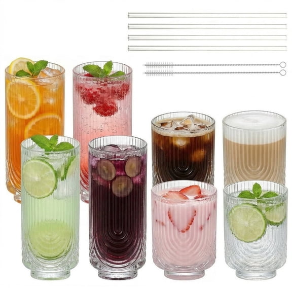 Ribbed Drinking Glasses Set of 8, 4 Rocks Glasses 16 oz, 4 Highball Glasses 10 oz with Glass Straws, Clear Vintage Embossed Glassware for Home Kitchen Bar