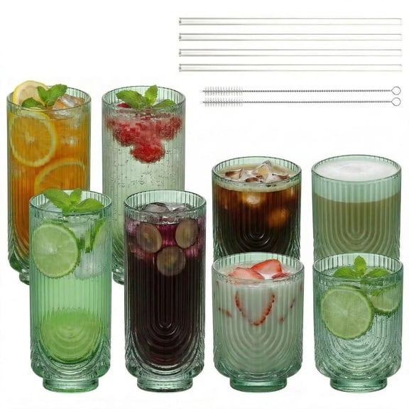 Ribbed Drinking Glasses Set of 8, 4 Rocks Glasses 16 oz, 4 Highball Glasses 12 oz with Glass Straws, Green Vintage Embossed Glassware for Home Kitchen Bar