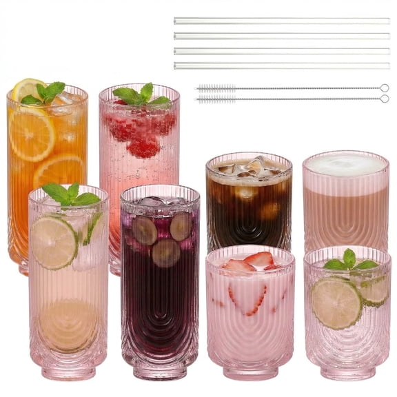 Ribbed Drinking Glasses Set of 8, 4 Rocks Glasses 16 oz, 4 Highball Glasses 12 oz with Glass Straws, Pink Vintage Embossed Glassware for Home Kitchen Bar