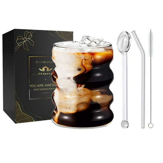 Ribbed Drinking Glasses with Straw 10oz Glassware Set,Cocktail Glasses,Iced Coffee Glasses,Beer Glasses,Ideal for Water,Soda,Tea,Gift