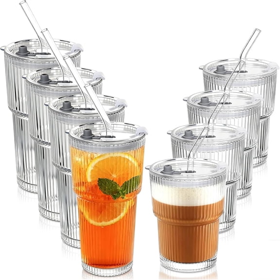 Ribbed Drinking Glasses with  & Straws, 20oz and 15oz Glass Cups, 8 count Glass Tumblers,  for , Office, Outdoor Use
