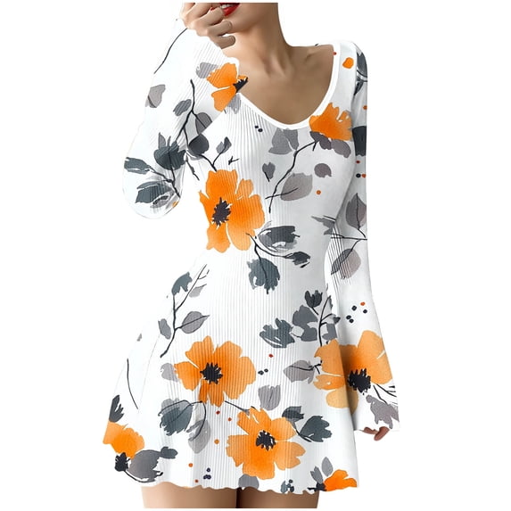 Ribbed Floral Dresses Womens Long Sleeve Casual Swing A Line Mini Tunic Dress Summer Spring Clothes, Yellow M