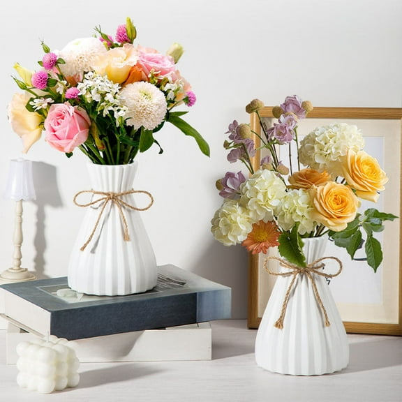 Ribbed Fluted Hourglass Floral Vase with Jute Bow, Pleated Matte Decor Container for Mixed Fresh Bouquet Display