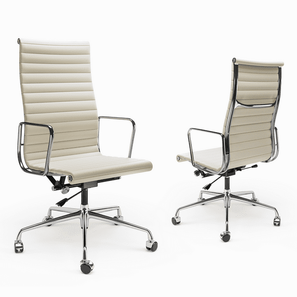 Ribbed Genuine Leather Office Chair Hight Back Adjustable Ergonomic Computer Chair for Home Office Use White