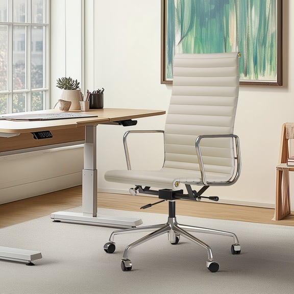 Cottinch Ribbed Office Chair High Back Genuine Leather Ergonomic Desk Chair with Arms, Adjustable Height Executive Conference Task Chair Swivel Chair for Home Office, White