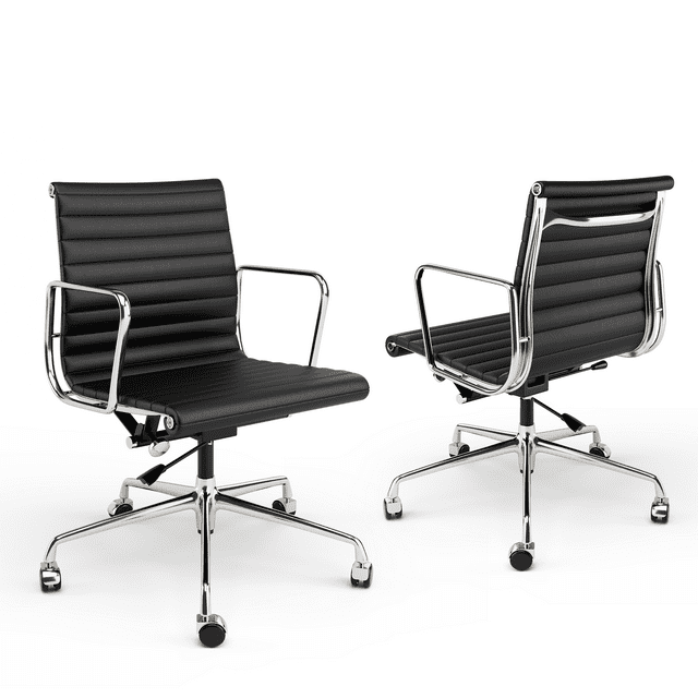 Ribbed Genuine Leather Office Chair, Mid Back, Adjustable Ergonomic Computer Chair for Home