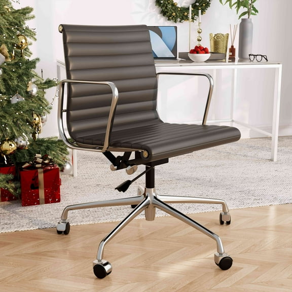 Ribbed Genuine Leather Office Chair, Mid Back, Adjustable Ergonomic Computer Chair for Home Office Use, Black, 1PC