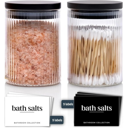 Ribbed Glass Bathroom Jar with Black Bamboo Lid | Cosmetic Pads/Cotton Swabs/Quick Swabs | Bath Salts/Clear Dressing Table Apothecary Storage Jar Organizer -