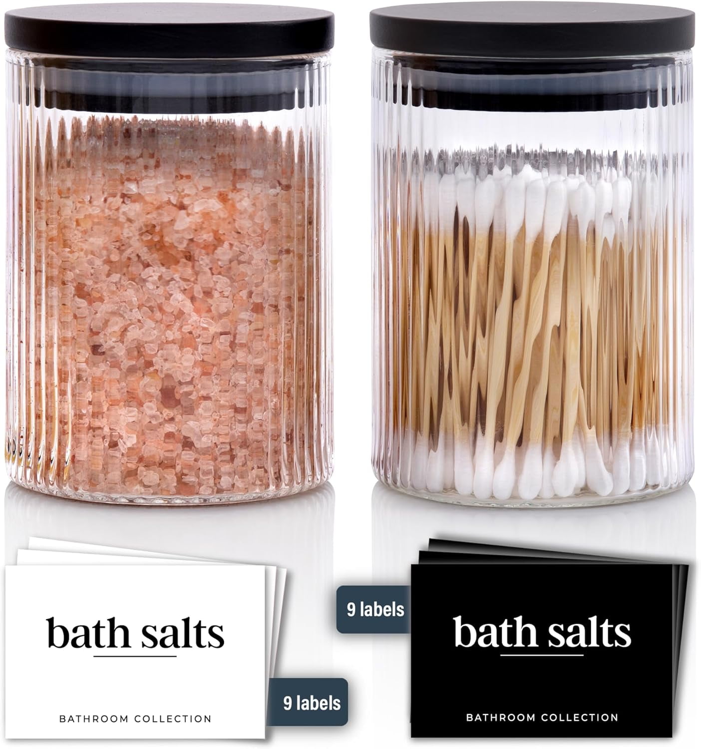 Ribbed Glass Bathroom Jars with Black Bamboo Lids | Cotton Pad/Swab/Q ...