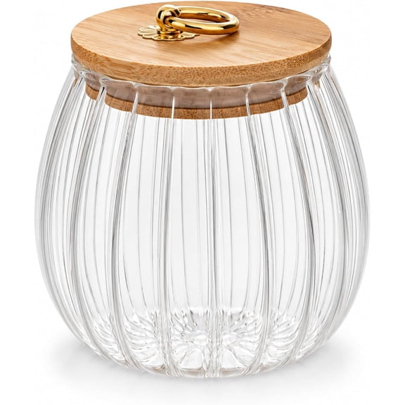 Ribbed Glass Canister Food Storage Jar with Wood Lid 700ml Borosilicate 1-Pack