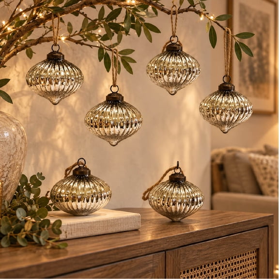 Ribbed Glass Christmas Baubles, Decorative Tree Ornaments, Set of 6, 3 Inch