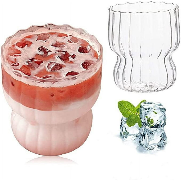 Ribbed Glass Cups,2 Pcs 9 oz Origami Style Glass Cups with 2 Ice Ball Molds,Vertical Stripes Ripple Drinking Glasses Set,Wave Shape Ribbed Glassware